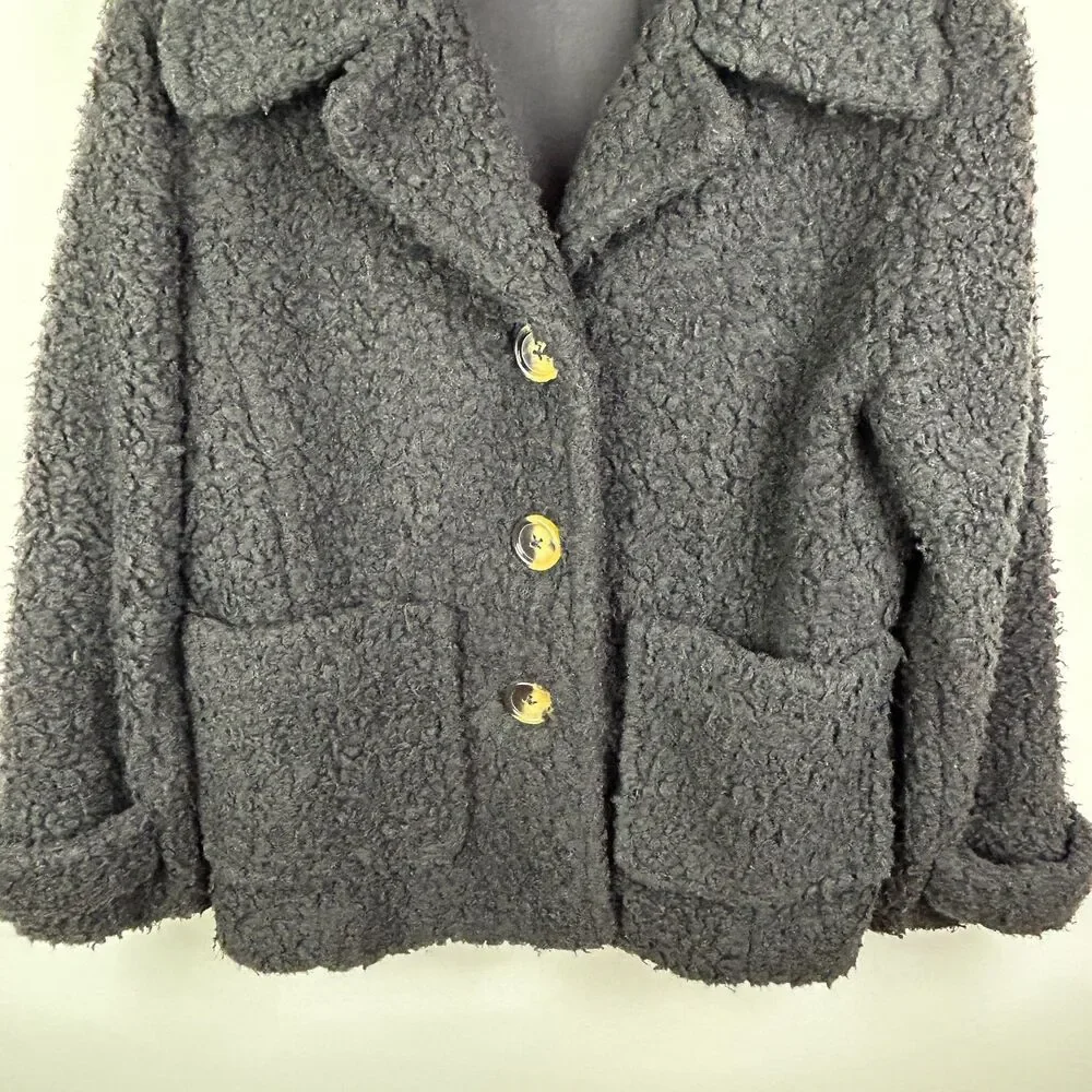 Free People So Soft Cozy Peacoat Sherpa Teddy Jacket Faux Shearling Black Coat S
